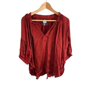 Alamwar Womens Top Rust Red Satin Boho 3/4 Sleeves Tassel Neck Size Small